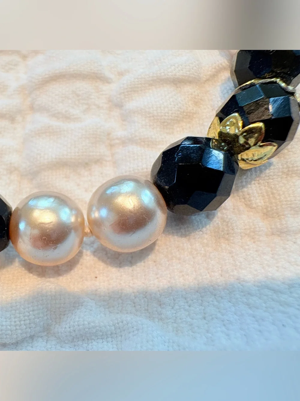Vintage Czech glass bead Pearl Black Faceted Bead Necklace 24” NWT